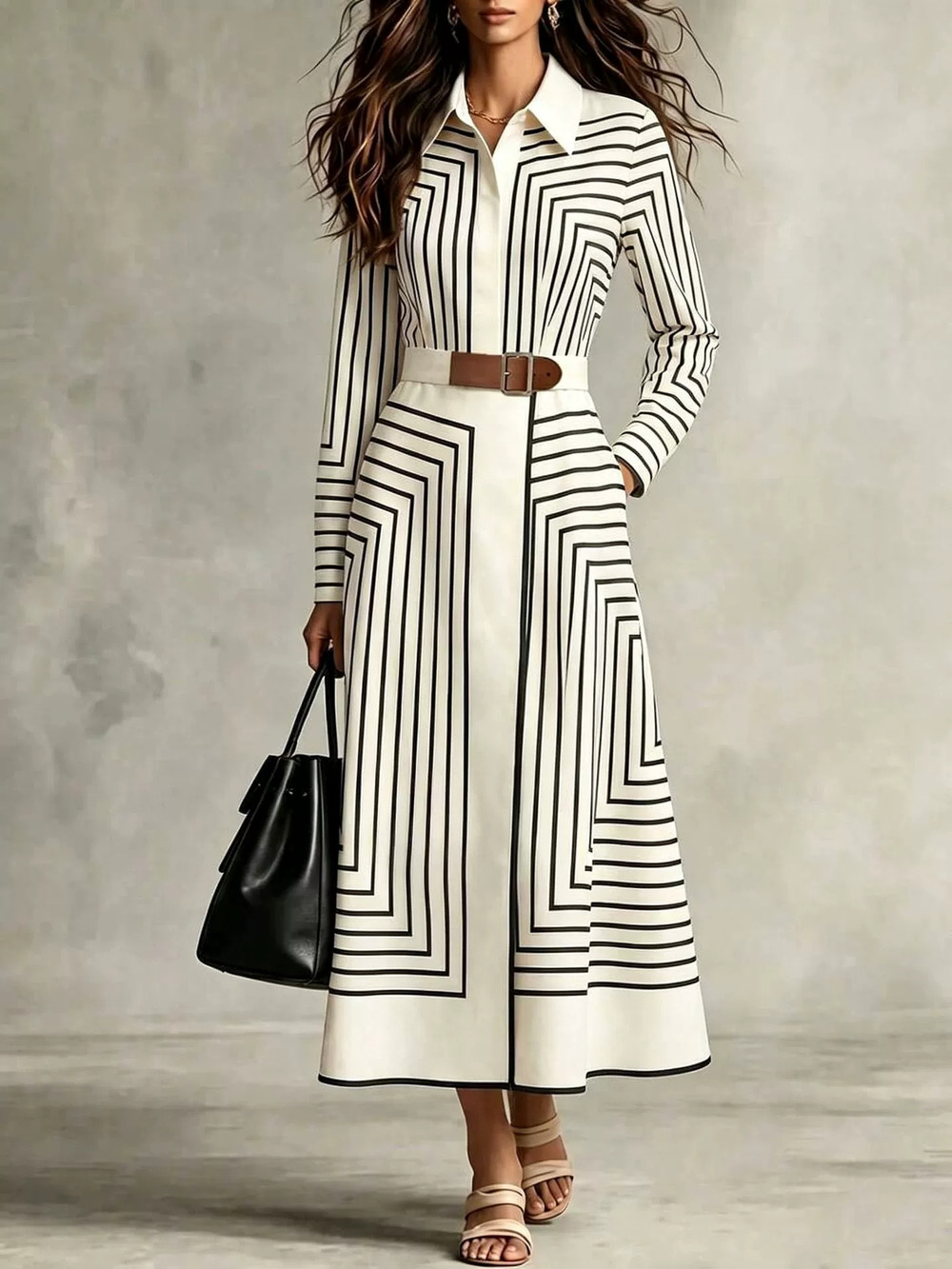 Women Geometric Stripe Shirt Collar Dress Long Sleeve Waist Slimming Flared Maxi